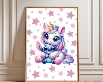 Póster rosa de Stitch y Unicornio, lindo Stitch con Unicornio, Lilo y Stitch, arte de pared, decoración para habitación de niñas, descarga digital