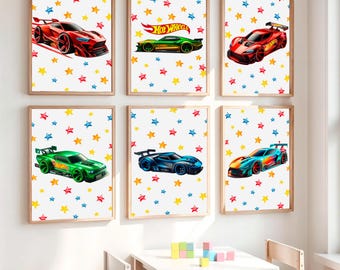 Conjunto de láminas decorativas Hot Wheels para pared, pósteres de coches de carreras, láminas de superdeportivos para decoración de habitaciones infantiles, coches de carreras imprimibles (descarga digital)
