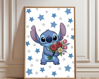 Póster de Stitch con flores. Lindo póster de Stitch para pared. Lámina con ramo de flores de Stitch. Decoración infantil de Disney. Descarga imprimible para habitación de niños.