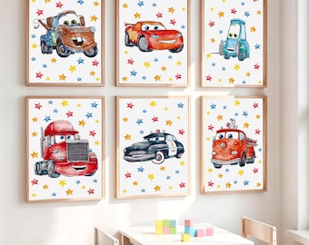 Conjunto de pósteres de Cars: Rayo McQueen, Mater, Mack, Sally Guido, Sheriff, Rojo. Arte de pared. Láminas de Disney Cars para habitación infantil. Descarga gratuita.