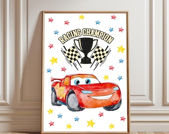 Póster de Rayo McQueen de Cars, arte de pared del campeón de carreras McQueen, lámina de Disney Cars para la habitación de los niños (descarga digital)