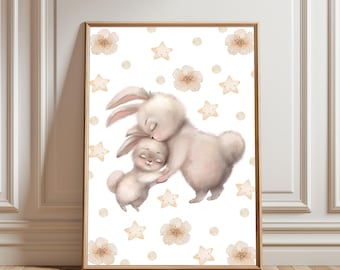 Póster imprimible de conejito bebé para habitación infantil, decoración neutra para guardería, póster de mamá y bebé conejo, decoración para habitación infantil, descarga digital para habitación de bebé.
