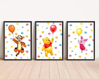 Conjunto de láminas decorativas de Winnie Pooh para guardería, póster imprimible de Disney Bear, Tigger y Piglet, decoración para habitación infantil, regalo para baby shower, descarga digital.
