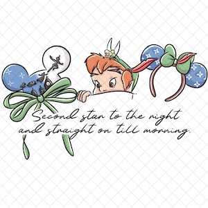 May include: Illustration of Peter Pan, Tinkerbell, and mouse ear headbands. The headbands are blue with white star accents and green bows. Text reads "Second star to the right and straight on till morning."