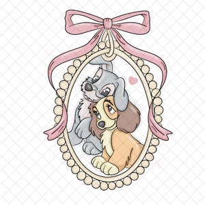 Könnte beinhalten: Ovale Illustration mit zwei Cartoon-Hunden, einem grauen und einem beigen, in einem perlenbesetzten Rahmen. Eine rosa Schleife und ein Band schmücken die Oberseite. Ein kleines rosa Herz ist sichtbar. Romantisches und skurriles Thema.