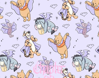 Naadloos Halloween-patroon van Winnie de Pooh en zijn vrienden: Winnie Lilac Doodle digitaal papier (PNG-bestand)