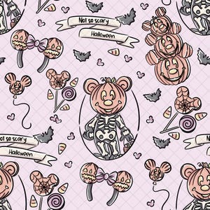 May include: A repeating pattern featuring Halloween-themed illustrations. The design includes pumpkin-shaped characters with mouse ears, bats, candy corn, and the text "Not so scary Halloween" on banners. The color palette is primarily pink, orange, and black.