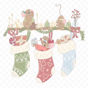 May include: A whimsical illustration of Christmas stockings filled with gifts and treats, adorned with Mickey Mouse icons and festive details. Mice characters are featured above the stockings, adding a touch of holiday cheer. The color palette includes green, red, and blue.