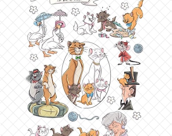 Magical Aristocats Marie PNG Doodle:  Cartoon, Digital Paper (12x12 inches)
