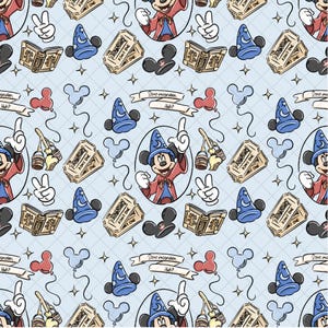 Op de afbeelding: Lichtblauw patroon met Mickey Mouse in een tovenaarsoutfit, tickets, tovenaars hoeden, Mickey Mouse oren en ballonnen. Het ontwerp bevat de tekst "Some imagination, Huh?" en "ADMIT ONE".