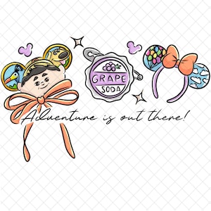 May include: Illustration of themed mouse ears, a Grape Soda pin, and the phrase "Adventure is out there!" The ears feature characters and designs from the movie "Up." The pin is purple and white. The ears on the right have a bow.