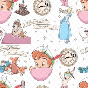 Pode incluir: Padrão repetitivo com personagens de um filme de animação clássico. O design inclui Peter Pan, Wendy, um relógio, um cão e o texto "Second star to the right" em uma faixa. O fundo é branco com um padrão de grade sutil.