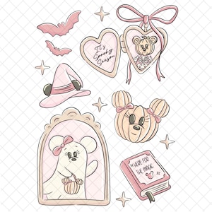 May include: A collection of pink and beige Halloween-themed illustrations. Includes bats, stars, a witch hat, a heart-shaped cookie with "It's Spooky Season" text, a heart-shaped locket with a pumpkin, a Minnie Mouse pumpkin, a ghost, and a book with "Here for the Magic" text.