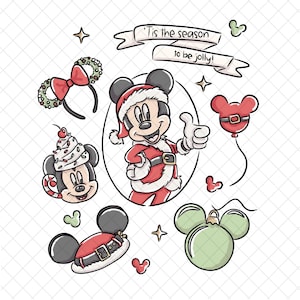 May include: A collection of Christmas-themed Mickey Mouse illustrations. Includes Mickey in a Santa suit, a Mickey-shaped balloon, a headband with a wreath, and a Mickey-shaped ornament. The banner reads "'Tis the season to be jolly!"
