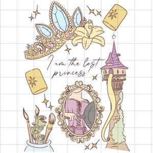以下が含まれることがあります： 青い宝石が付いた金の王冠、ユリ、長い金髪の塔が特徴の気まぐれなイラストです。「I am the lost princess!」というテキストと、王女とフライパンの額入り画像が含まれています。