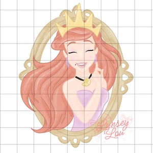 May include: Digital illustration of a smiling woman with long red hair, wearing a gold crown, earrings, and a shell necklace. She is framed in a gold ornate oval. The image has the text "Lynsey Lou" in the bottom right corner.