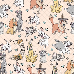 Puede incluir: Patrón repetido con ilustraciones de perros de dibujos animados en varias poses. Los perros son de color marrón, blanco, gris y amarillo, sobre un fondo melocotón claro con un sutil patrón de cuadrícula. El diseño incluye estrellas y formas tipo Mickey Mouse.