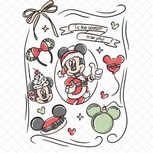 May include: A festive illustration featuring Mickey Mouse in a Santa suit, surrounded by Christmas-themed elements. Includes a bow, a headband, a balloon, and ornaments. The text reads, "'Tis the season to be jolly!"