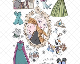 Doodle PNG magique surgelé : dessin animé Elsa Anna Olaf, papier numérique (12 x 12 pouces)