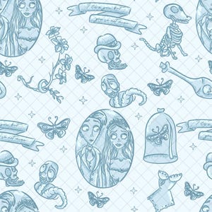 May include: Light blue pattern featuring illustrations of a skeletal dog, butterflies, skulls, and a couple in an oval frame. The words "I love you but you're not mine" are on banners. The design has a whimsical, gothic theme.