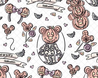 Magical Mouse Halloween Pattern: White Doodle Seamless Design (Digital Paper, 12x12 inches PNG File)
