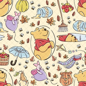 May include: A repeating pattern featuring Winnie the Pooh, Piglet, pumpkins, autumn leaves, honey pots, and bees. The illustrations are in a cartoon style with a warm colour palette of yellow, red, and orange. The background is a light yellow.