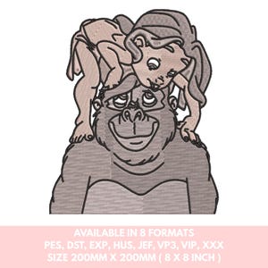 Può includere: Design ricamato con un gorilla con un bambino sulla schiena. Il gorilla è grigio e il bambino indossa un pannolino. Il testo in basso dice "AVAILABLE IN 8 FORMATS" e "SIZE 200MM X 200MM (8 X 8 INCH)".
