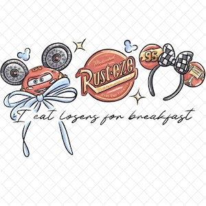 Puede incluir: Un diseño gráfico con un coche de dibujos animados con orejas de rueda, un logotipo de "Rusteze" y una diadema de orejas de Minnie Mouse con un lazo a cuadros. También se incluye el texto "I eat losers for breakfast".