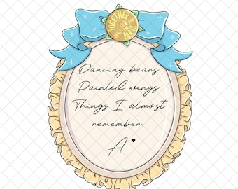 May include: An oval-shaped illustration with a light blue bow and a gold emblem that reads "Together in Paris." The illustration has a cream-colored background with text that reads "Dancing bears, Painted wings, Things I almost remember. A."