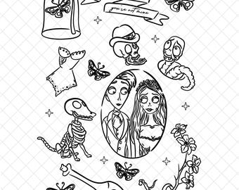May include: Black and white line art featuring characters and elements from a gothic animated film. Includes a couple in an oval frame, butterflies, a skeleton dog, a skull, and the text "I love you but you're not mine."