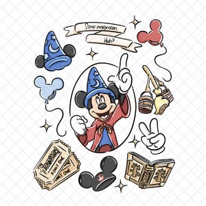 Könnte beinhalten: Eine skurrile Illustration mit Mickey Mouse in einem Zauberer-Outfit, umgeben von ikonischen Bildern. Enthält einen blauen Zaubererhut, einen Mickey Mouse-Ballon, ein Fantasmic-Ticket und ein Zauberbuch. Der Text lautet "Some imagination, Huh?"