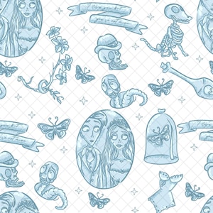 May include: A repeating pattern in light blue on a white background. The design features illustrations of butterflies, skeletons, a couple in an oval frame, and banners with text. The text on the banners reads "I love you but you're not mine."