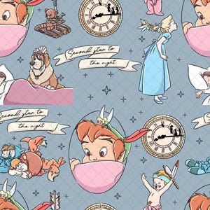 May include: A repeating pattern featuring illustrations of Peter Pan characters. The design includes Peter Pan, Wendy, John, Michael, Nana, and other characters. The text "Second star to the night" is also included in the design. The background is a light blue color.