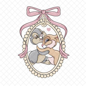 May include: Illustration of two rabbits embracing within an oval frame with a pearl border. A pink bow and ribbon adorn the top. The rabbits are in grey and brown tones, with a small pink heart above them.