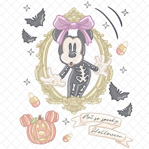 May include: A Halloween-themed illustration featuring Mickey Mouse in a skeleton costume, framed within a gold ornate oval. The design includes bats, candy corn, a pumpkin, and the text "Not so spooky Halloween" on a banner, all set against a white background.