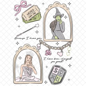 May include: An illustration featuring elements from the musical "Wicked." Includes a pink bow, two "Wicked" tickets, a wand, and two framed portraits of characters. Text includes "Because I knew you" and "I have been changed for good!"