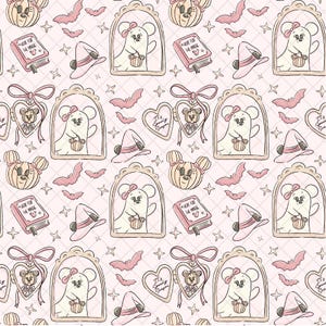 May include: A repeating pattern with Halloween illustrations on a pale pink backdrop. The design includes cartoon mice, pumpkins, bats, witch hats, books with the text "Here for the Magic", and heart-shaped pendants with a bear skeleton. The overall theme is spooky and cute.