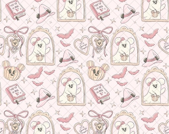 Naadloze Halloween-muis spookpatroon: roze doodle digitaal papier (png-bestand 12 x 12 inch)