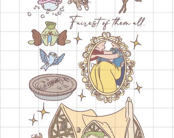 May include: A whimsical illustration featuring characters and elements from a fairy tale. Includes a house, a pie with the word "Grumpy", a framed image of two people, and various animals. The text "Fairest of them all" is also present.