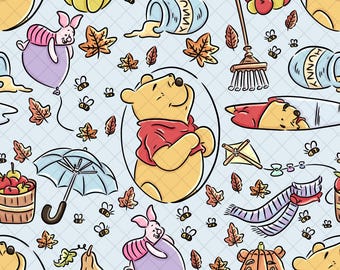 Fall Thanksgiving Seamless Pattern: Winnie Blue Cartoon Doodle (Digital Paper PNG File 12x12 inches)
