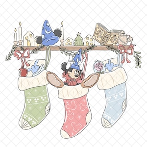 May include: A festive illustration featuring Mickey Mouse in a sorcerer's hat, emerging from a Christmas stocking. The scene includes three stockings, a shelf with candles, and decorative elements. The stockings are in pastel colors with holiday patterns.