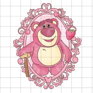 May include: Pink cartoon bear character with a strawberry and a wooden mallet, framed in a pink ornate oval. The bear has a smiling expression and is set against a grid background. The overall design is in shades of pink.
