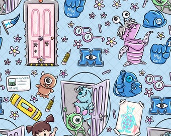 Patrón sin costuras de monstruos del Reino Mágico: Papel digital con garabatos azules (archivo PNG)