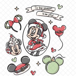 May include: A festive illustration featuring Minnie Mouse in a Santa outfit, surrounded by Christmas-themed elements. Includes a Mickey Mouse ear headband, a Mickey Mouse-shaped balloon, and ornaments. The banner reads "'Tis the season to be jolly!"