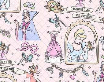 Pink Cinderella Coquette Princess Seamless Pattern: Magical Kingdom Digital Paper (PNG File)