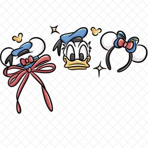 May include: Illustration of three Disney-themed items: a Donald Duck face, a Mickey Mouse ear headband with a bow, and a Mickey Mouse ear headband with a bow and a Donald Duck hat. The items are in a cartoon style with black outlines and bright colors.