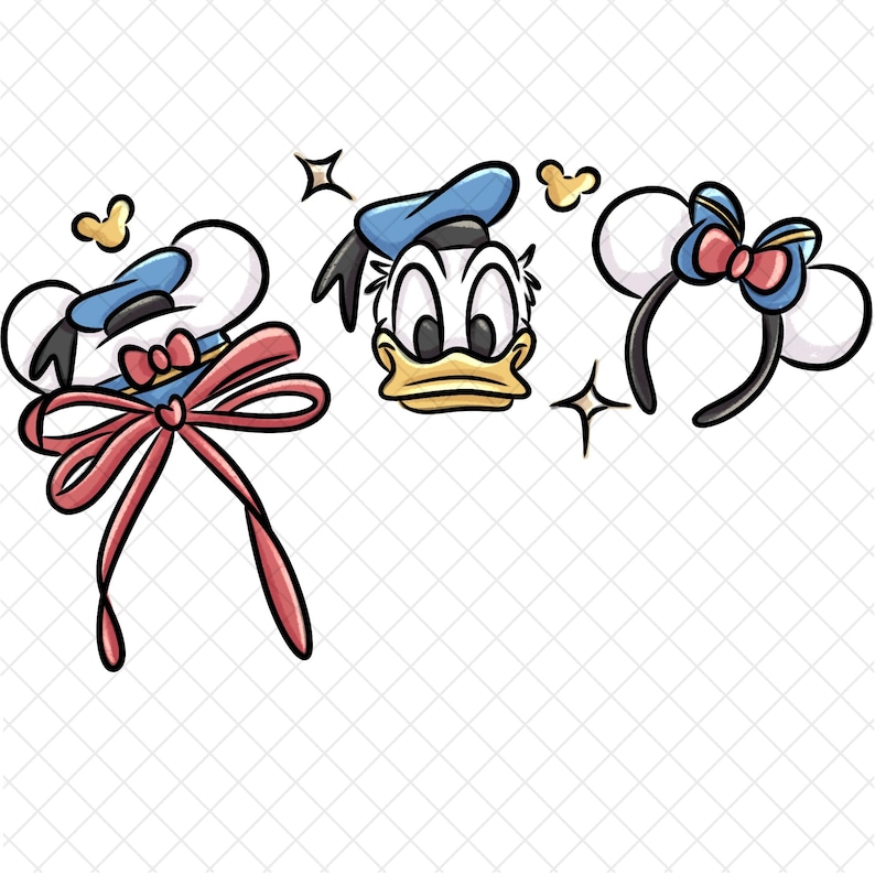 May include: Illustration of three Disney-themed items: a Donald Duck face, a Mickey Mouse ear headband with a bow, and a Mickey Mouse ear headband with a bow and a Donald Duck hat. The items are in a cartoon style with black outlines and bright colors.