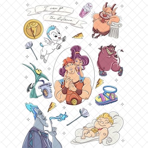 May include: A collection of colorful cartoon illustrations featuring characters and elements from the animated film "Hercules." Includes Hercules, Pegasus, Hades, and other characters, along with the text "I can go the distance."
