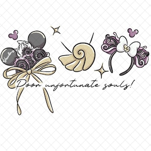 May include: Illustration of a bouquet with tentacles, a seashell, and a headband with a bow. The bouquet has a bow and the word "Ursula" on it. The text "Poor unfortunate souls!" is written below the objects.