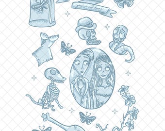 Doodle PNG de Novia Muerta de Halloween, Diseño de Sublimación del Reino Mágico (Archivo Imprimible Digitalmente)